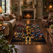 Futuristic Basketball Arena Rug displayed in a living room
