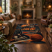 Oversized Basketball City Court Rug displayed in a living room