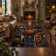 Basketball Hoop Collage Rug displayed in a living room