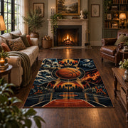 Sunset Skyline Basketball Hoop Rug displayed in a living room