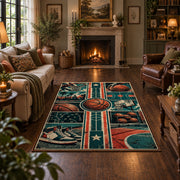 Geometric Basketball Court Collage Rug displayed in a living room