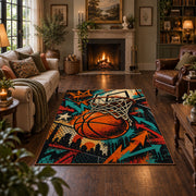 Graffiti Basketball Hoop Rug displayed in a living room