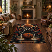 Dark Basketball Equipment Collage Rug displayed in a living room