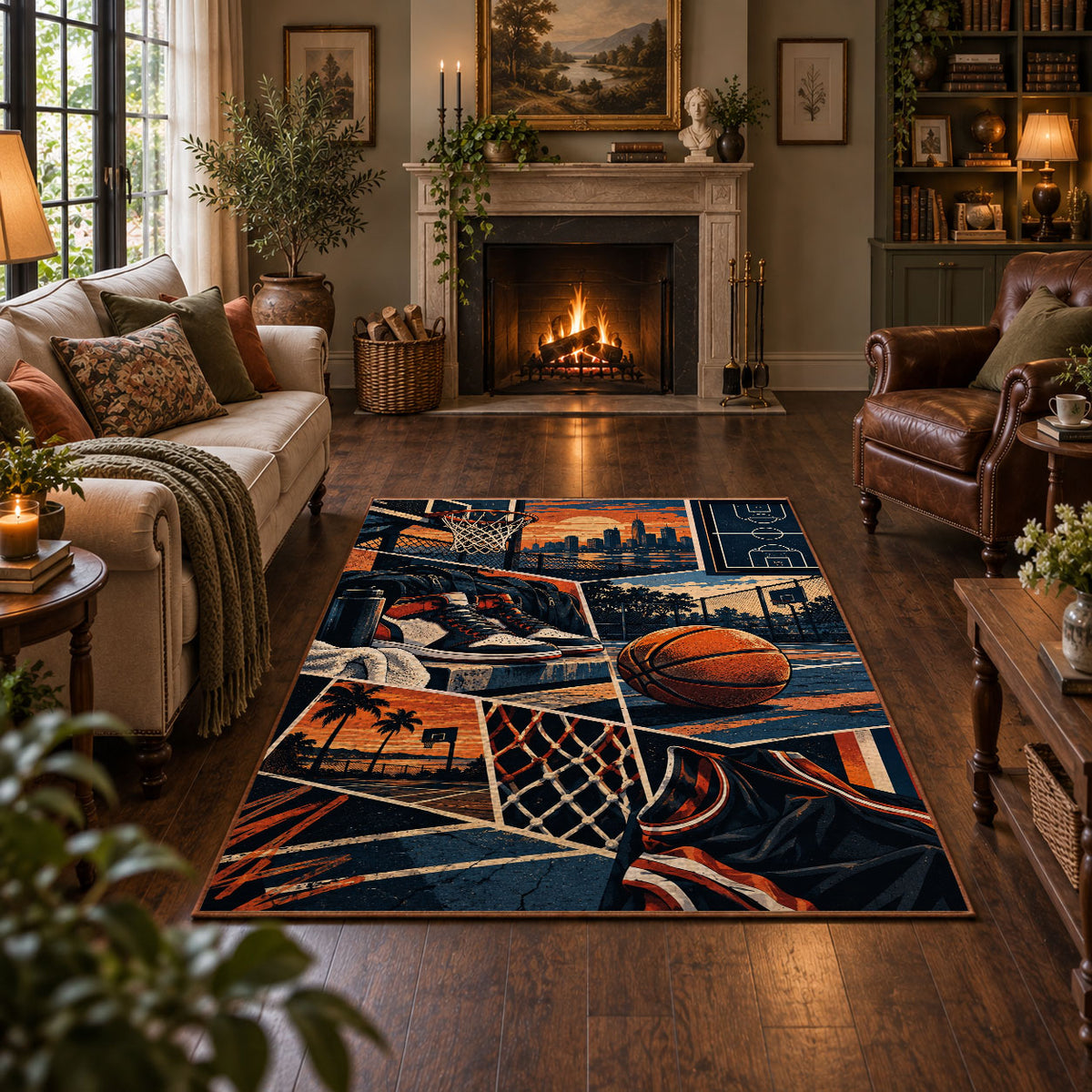 Urban Basketball Hoop Collage Rug displayed in a living room