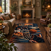 Urban Basketball Hoop Collage Rug displayed in a living room