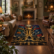 Golden Championship Trophy Basketball Rug displayed in a living room