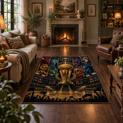 Golden Basketball Trophy City Rug displayed in a living room