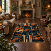 Basketball Court Grid Collage Rug displayed in a living room