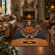 Orange Star Basketball Court Rug displayed in a living room