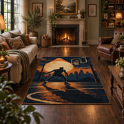 Sunset Street Basketball Silhouette Rug displayed in a living room