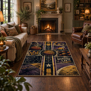 Purple Star Basketball Collage Rug displayed in a living room