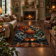 Mythic Basketball Emblem Rug displayed in a living room