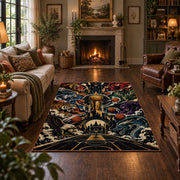 Ornate Basketball Collage Rug displayed in a living room