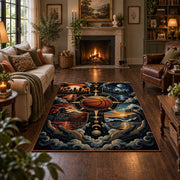 Stormy Cosmic Basketball Rug displayed in a living room