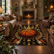 Comic Burst Basketball Rug displayed in a living room