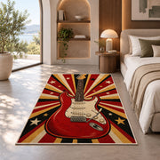 retro red electric guitar rug in a bedroom with an arched window