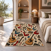 guitar pattern rug in a bedroom with an arched window