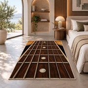 guitar fretboard rug in a bedroom with an arched window