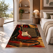 electric guitar and amp stage rug in a bedroom with an arched window