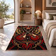 crossed guitars rock emblem rug in a bedroom with an arched window