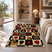 checkered rock guitar rug in a bedroom with an arched window