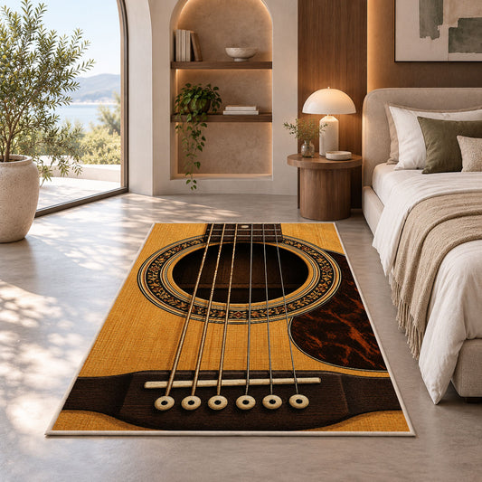 acoustic guitar soundhole rug in a bedroom with an arched window