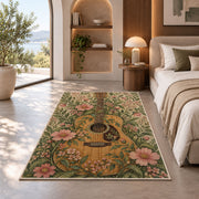 boho guitar and wildflowers rug in a bedroom with an arched window