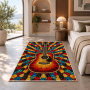 guitar pick mosaic rug in a bedroom with an arched window
