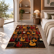 guitar shop wall rug in a bedroom with an arched window