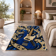blue bass guitar rug in a bedroom with an arched window