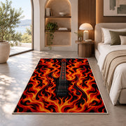 flaming electric guitar rug in a bedroom with an arched window