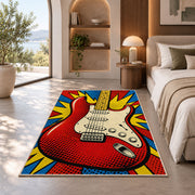 pop art electric guitar rug in a bedroom with an arched window