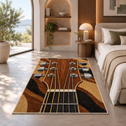 guitar headstock rug in a bedroom with an arched window