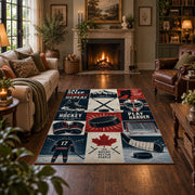 Classic Hockey Collage Rug displayed in a living room
