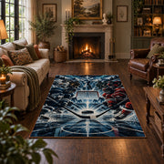 Electric Ice Hockey Puck Rug displayed in a living room