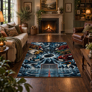Hockey Goal and Players Collage Rug displayed in a living room