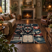 Hockey Gear and Rink Collage Rug displayed in a living room