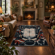 Crossed Hockey Sticks and Puck Rug displayed in a living room