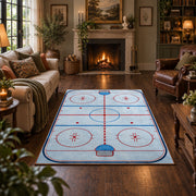 Classic Ice Hockey Rink Diagram Rug displayed in a living room