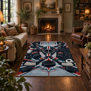 Hockey Puck and Crossed Sticks Emblem Rug displayed in a living room