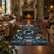 Mountain Hockey Compass Rug displayed in a living room