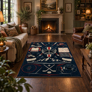 Hockey Equipment Lineup Rug displayed in a living room
