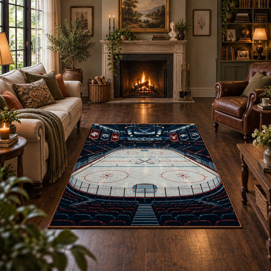 Ice Hockey Arena Stadium Rug displayed in a living room