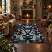 Crossed Hockey Sticks Frozen Rink Rug displayed in a living room