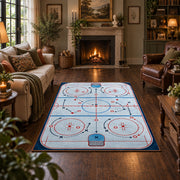 Bright Classic Hockey Rink Rug displayed in a living room
