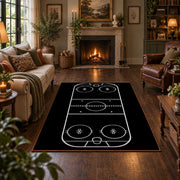 Minimal Black Hockey Rink Rug displayed in a living room
