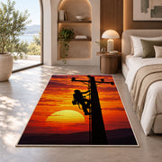lineman climbing pole silhouette rug in a bedroom with an arched window