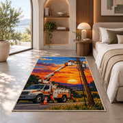 bucket truck lineman rug in a bedroom with an arched window