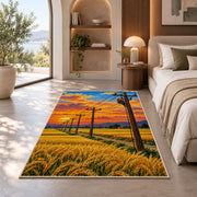 power lines wheat field rug in a bedroom with an arched window