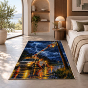 storm lineman bucket truck rug in a bedroom with an arched window